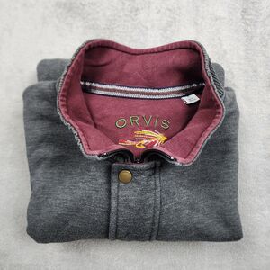 Orvis Mens Gray 1/4 Zip Sweatshirt Maroon Collar Long Sleeve Pullover XL